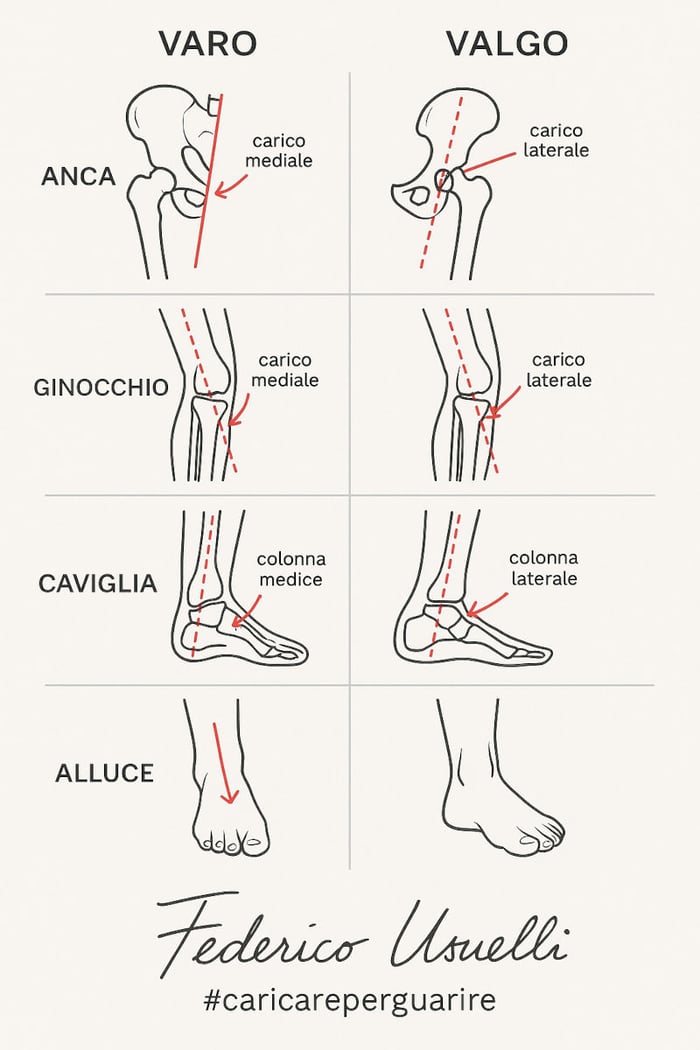 Infografica che illustra il carico sulle principali articolazioni dell'arto inferiore nel pazienti con valgismo o varismo.