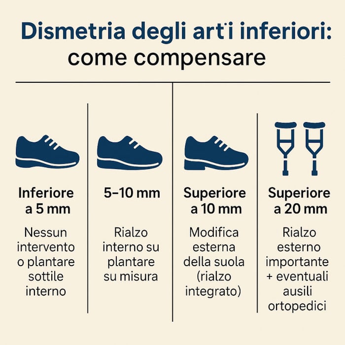 Grafico che illustra le modifiche necessarie alle scarpe per artrosi alla caviglia con dismetria.